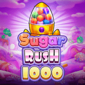 Sugar Rush 1000 logo with a candy-filled rocket on a purple background